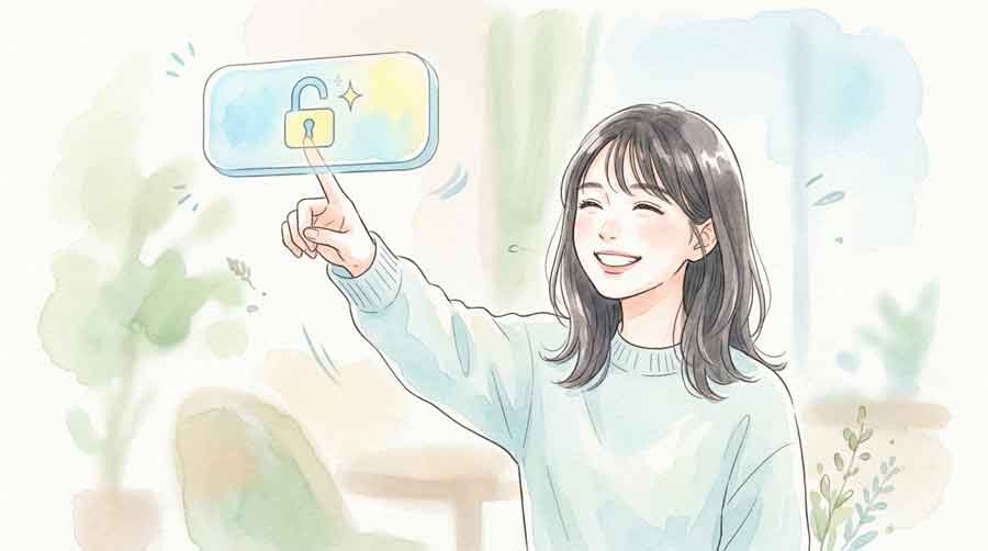 LINEのブロック解除ボタンを指差し確認する女性の水彩イラスト