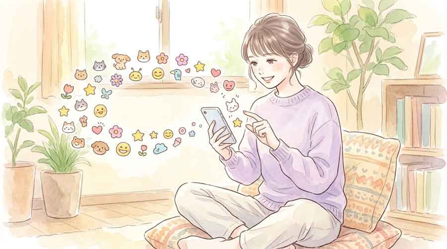 スマホのスタンプ一覧を数えて確認する女性の水彩イラスト