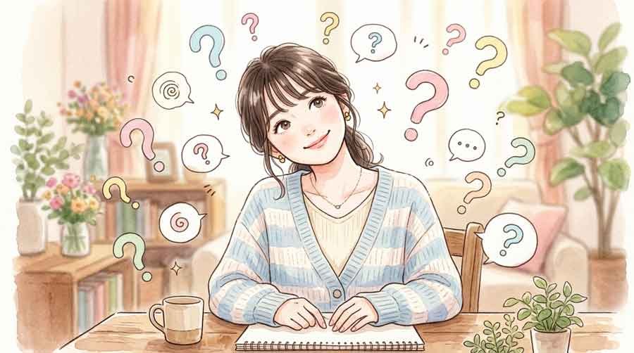 LINEスタンプの誤解を首をかしげて考える女性の水彩イラスト