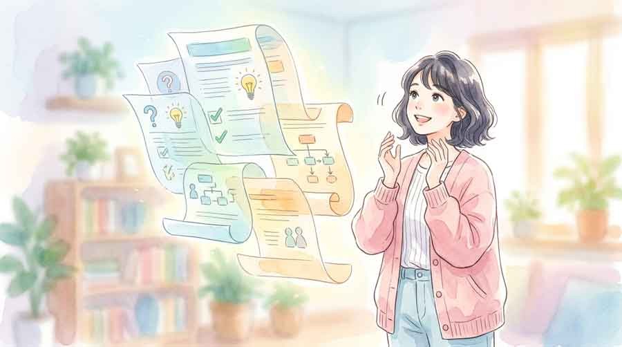 LINE公式ヘルプセンターのページを確認する女性の水彩イラスト