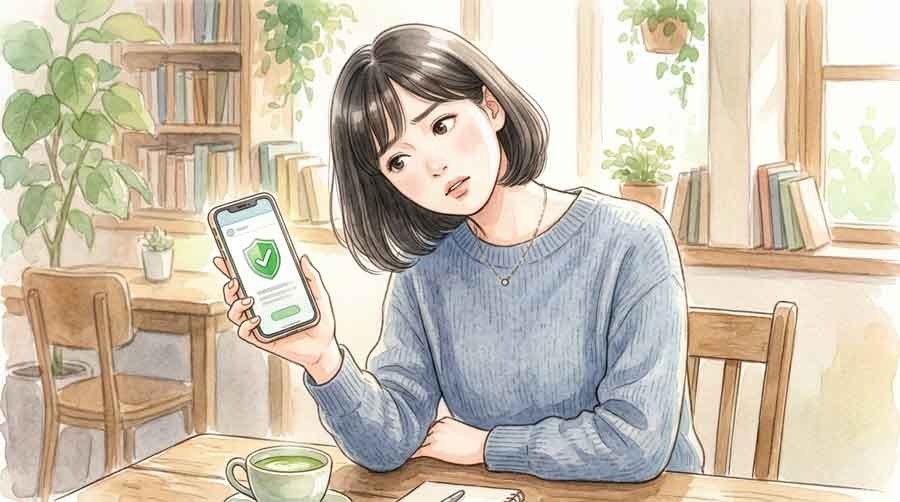 緑のチェックマークに変わったバッジを見て首をかしげる女性の水彩イラスト