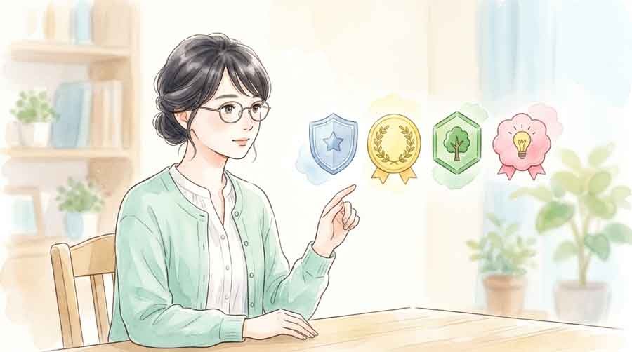 複数のバッジデザインを見比べる女性の水彩イラスト