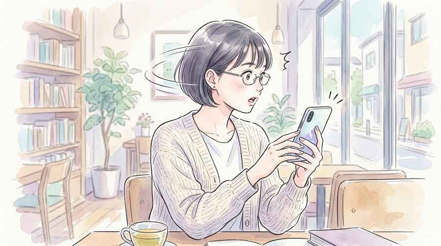 驚いてスマホ画面を二度見する女性の水彩イラスト