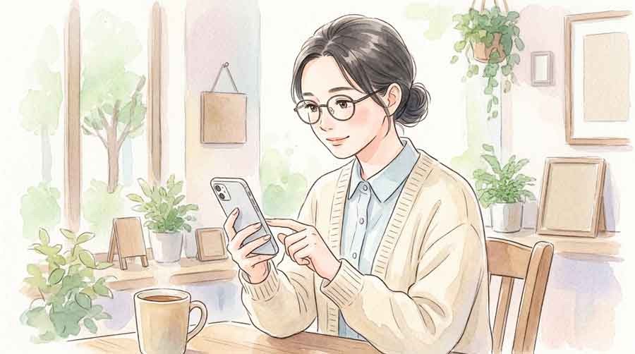 友だちリストを一件ずつ確認する女性の水彩イラスト