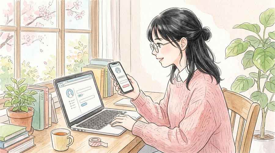 アカウントIDを照合して確認する女性の水彩イラスト