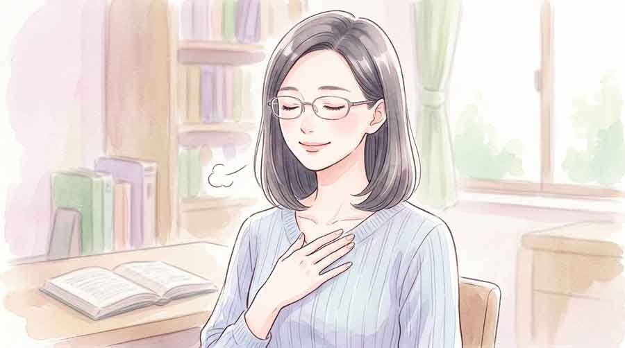 安心して胸をなでおろす女性の水彩イラスト
