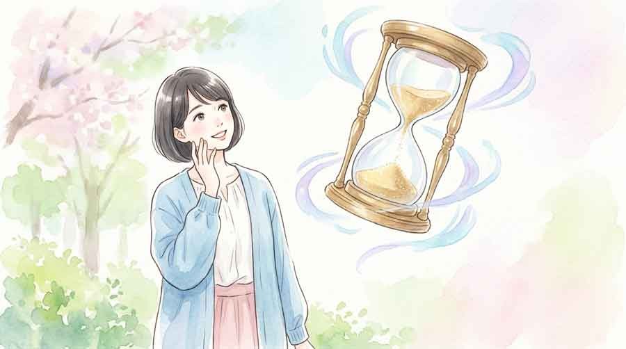 LINE送信取り消しの通知を見て首をかしげる女性の水彩イラスト