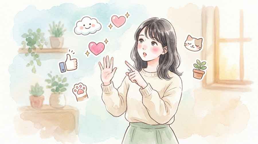 LINEスタンプ一覧を指差し課金に注意する女性のやさしい水彩画