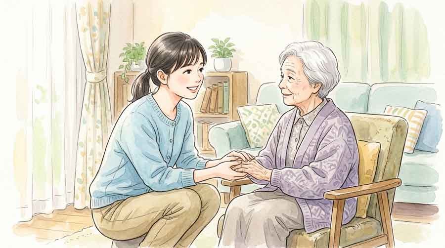 LINEデマの見分け方を祖母にやさしく説明する女性の水彩イラスト