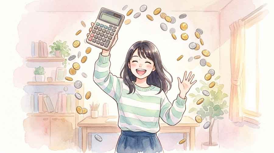 電卓とメモでLYPプレミアムの月額料金を試算する女性の水彩画