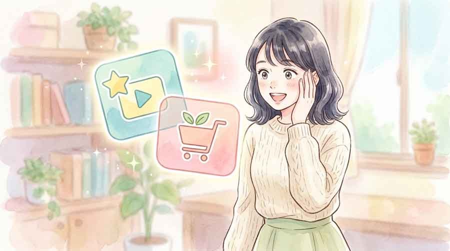 LINEスタンプ プレミアムとLYPプレミアムの二重契約に気づく女性の水彩イラスト