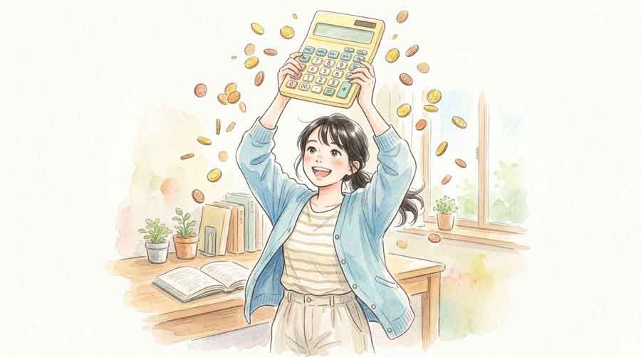 電卓で二重課金の金額を計算する女性の水彩イラスト