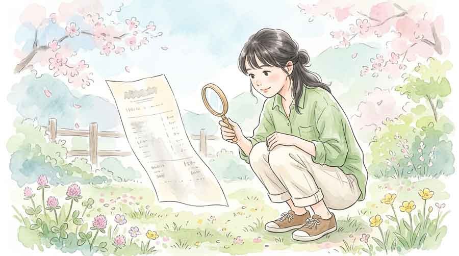 クレジットカード明細を確認する女性の水彩イラスト