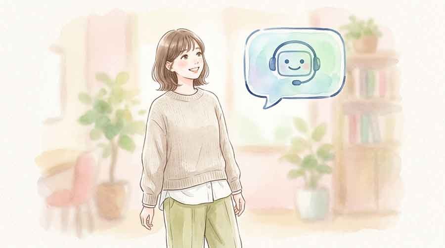 LINE AIの利用制限表示を確認する女性の水彩イラスト