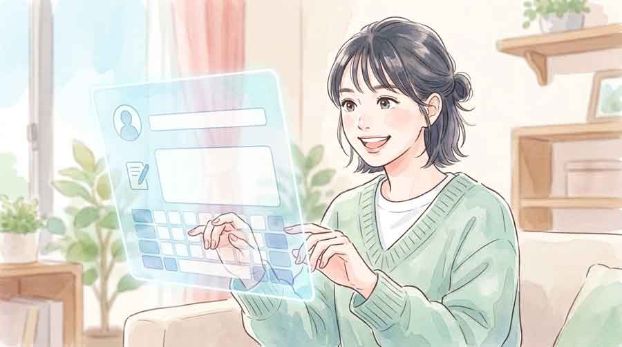 LINEヘルプセンターの問い合わせフォームを確認する女性の水彩イラスト