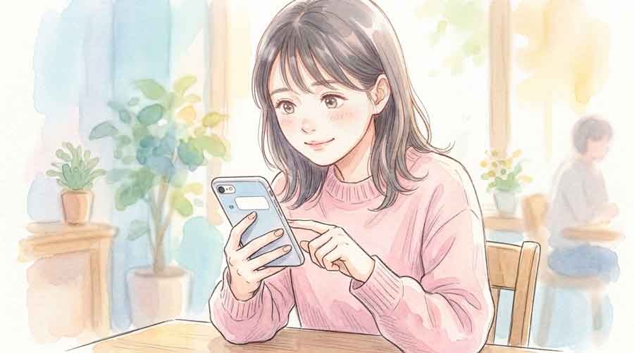 届かないSMS認証番号を待ちわびる女性の水彩イラスト