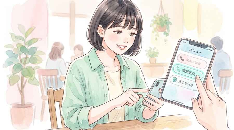 スマホの認証画面を確認する女性の水彩イラスト