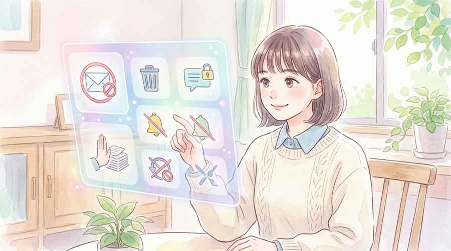 迷惑メールフィルター設定を確認する女性の水彩イラスト