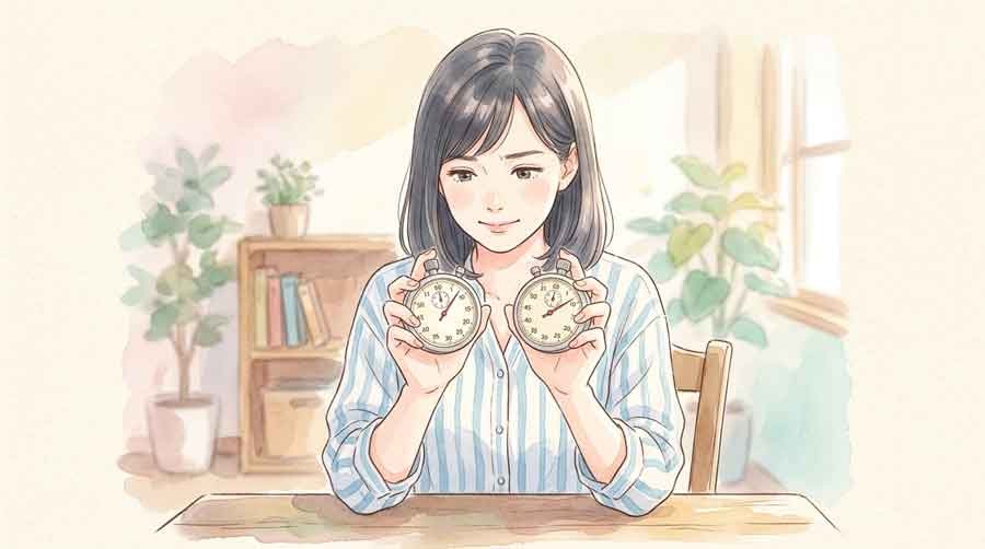 ストップウォッチで時間を計測する女性の水彩イラスト
