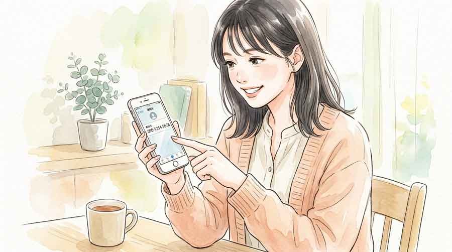 電話番号を指差し確認する女性の水彩イラスト