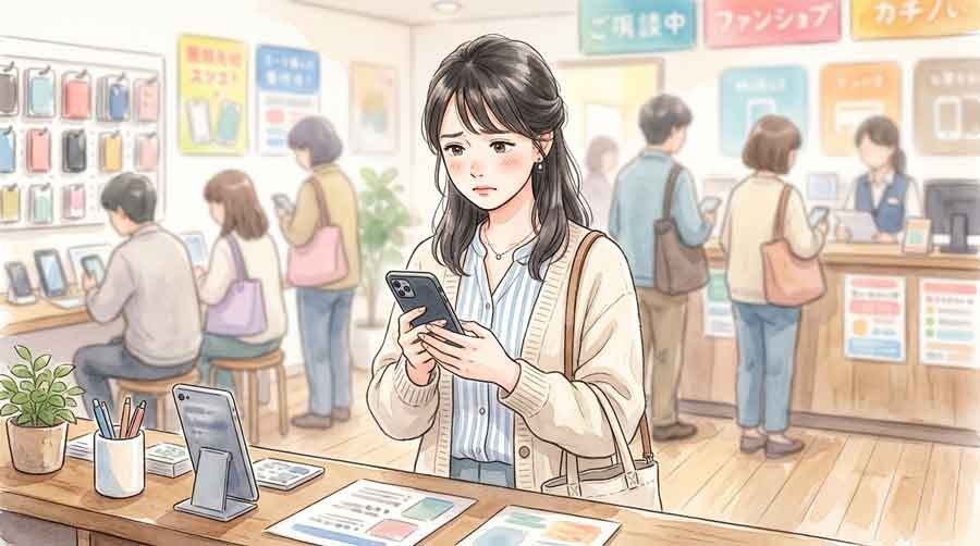 店頭でスマホを見ながら困る女性の水彩イラスト
