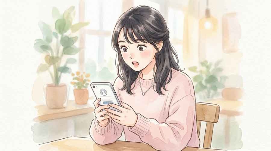 突然のログアウト画面に驚く女性の水彩イラスト