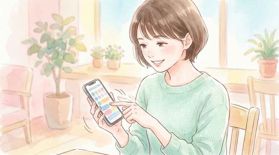 スマホの設定画面を操作しながら確認する女性の水彩イラスト