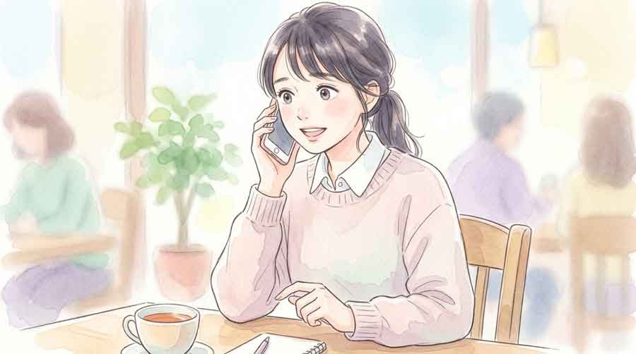 友人に注意喚起の電話をかける女性の水彩イラスト