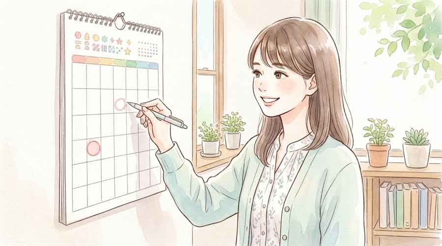 カレンダーにセキュリティチェックの予定を書き込む女性の水彩イラスト