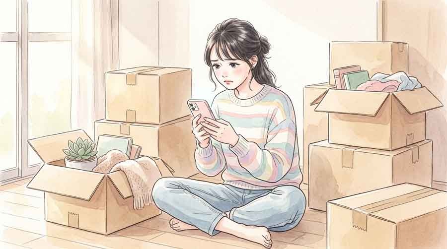 旧スマホがなく困り果てる女性の水彩イラスト
