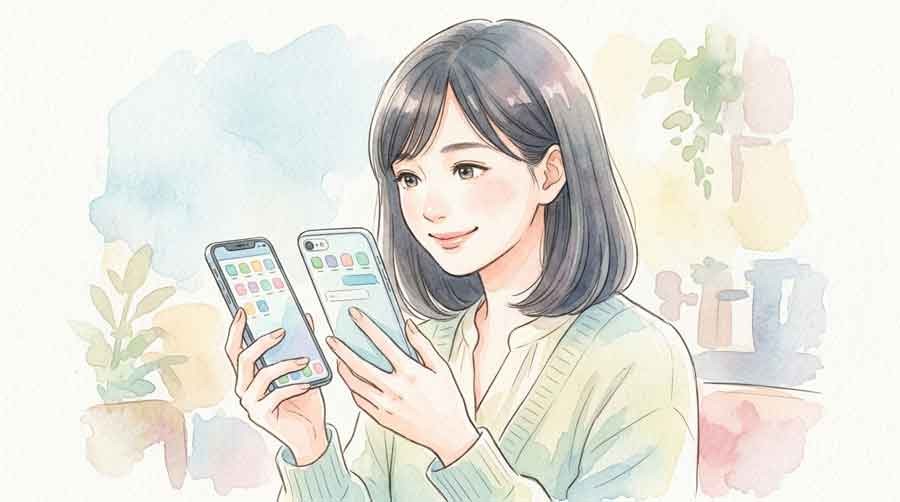 旧端末と新端末を見比べて考える女性の水彩イラスト