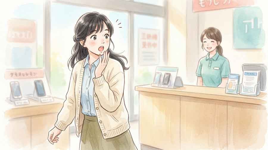 下取りに出した後で青ざめる女性の水彩イラスト