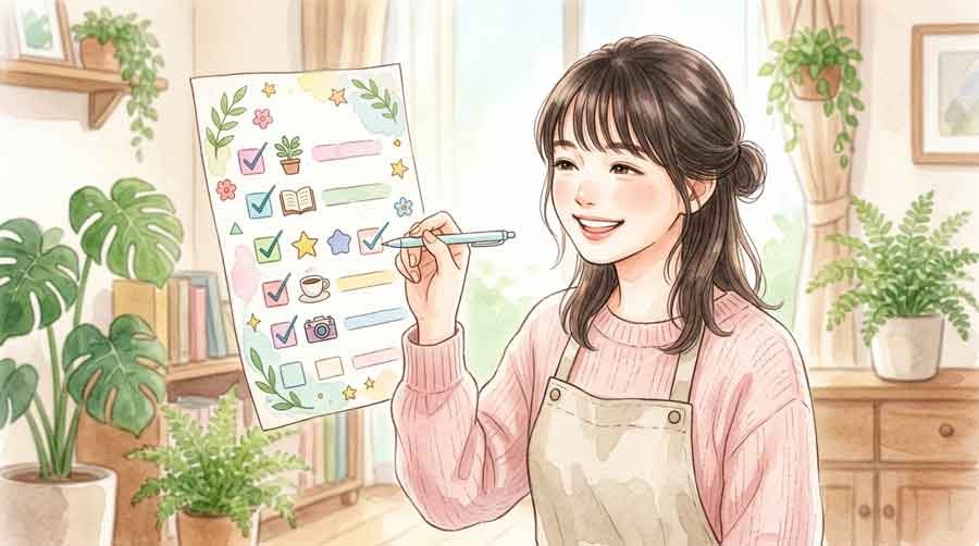 チェックリストを確認する女性の水彩イラスト