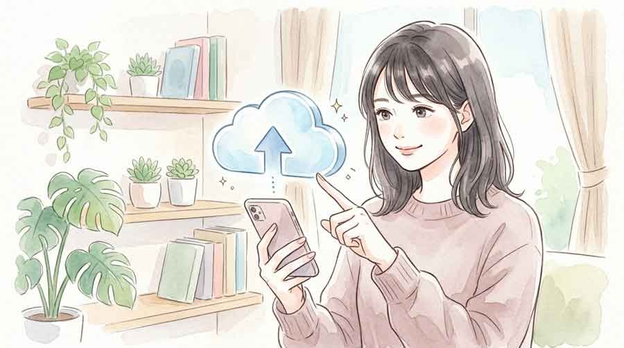 スマホをバックアップする女性の水彩イラスト