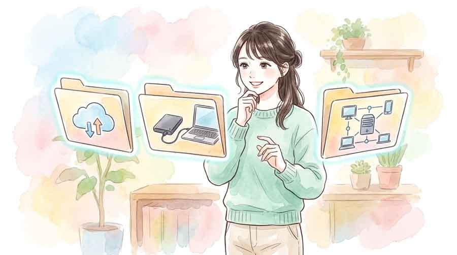 3つのパターンを比較検証する女性の水彩イラスト