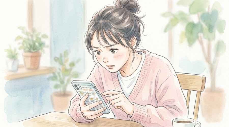 LINEの送信取り消しメニューを探して焦る女性の水彩イラスト