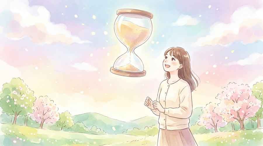24時間から1時間に変わった砂時計を見つめる女性の水彩イラスト