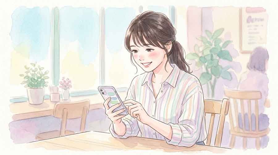 訂正メッセージを打つ女性の水彩イラスト