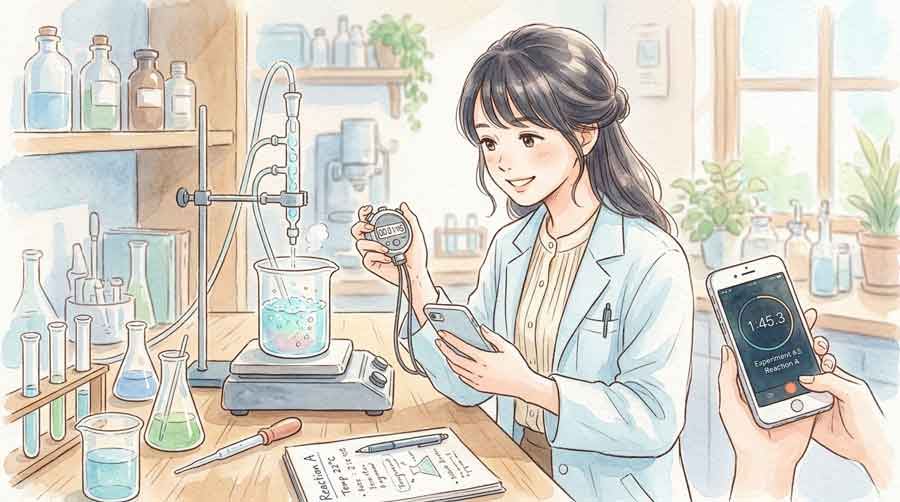 スマホのタイマーを見ながら検証する女性の水彩イラスト