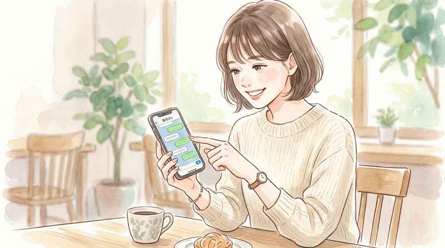 送信前に宛先を指差し確認する女性の水彩イラスト