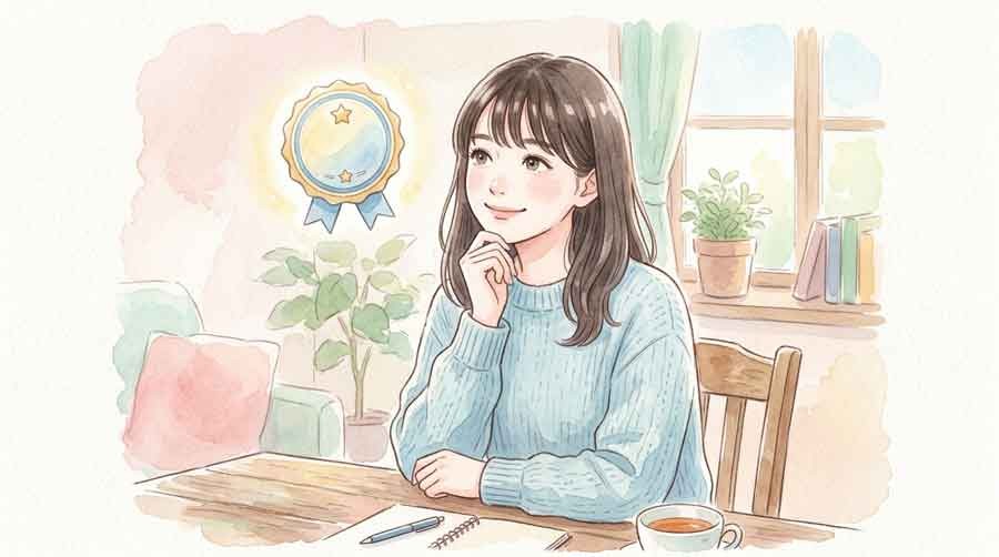 LYPプレミアムに入るか悩みながら考える女性の水彩イラスト