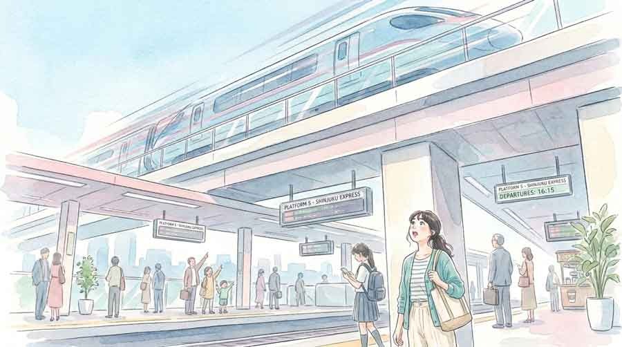 リニア 6600万人メガ経済圏を見上げる女性と近未来的な高速列車のイメージ