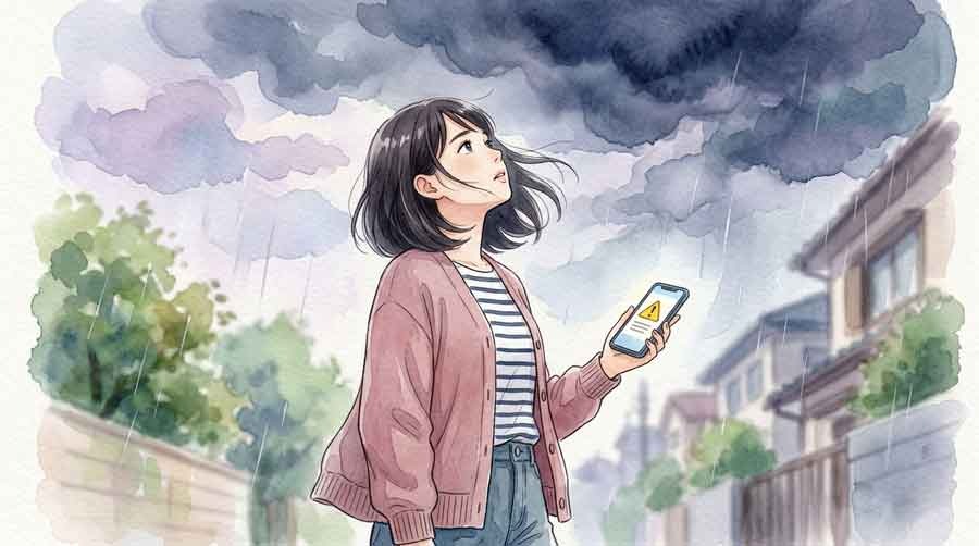 線状降水帯の暗い空を見上げて驚く女性、スマホに緊急速報が届く瞬間