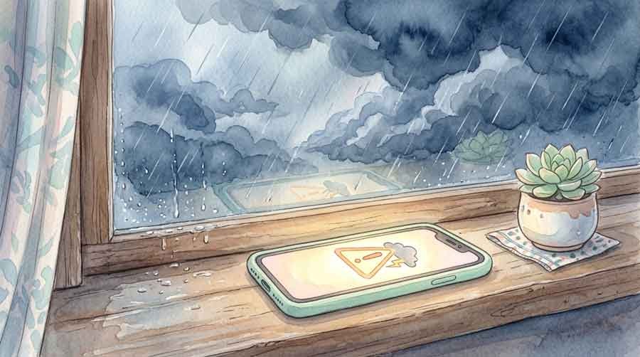 線状降水帯とゲリラ豪雨の違いを表す積乱雲が連なる空のイラスト
