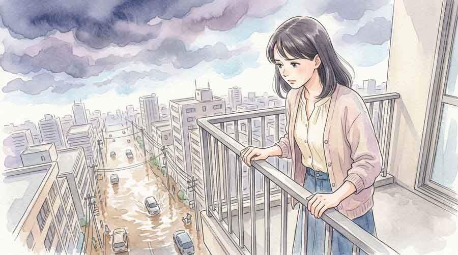防災バッグとスマホの防災アプリを準備する女性、リビングでの備え