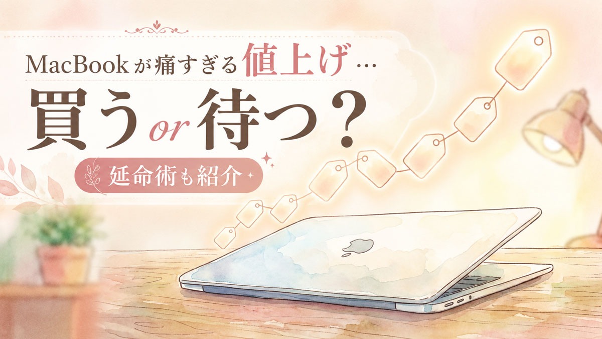 MacBook値上げに驚く女性と最新MacBook Airのイラスト