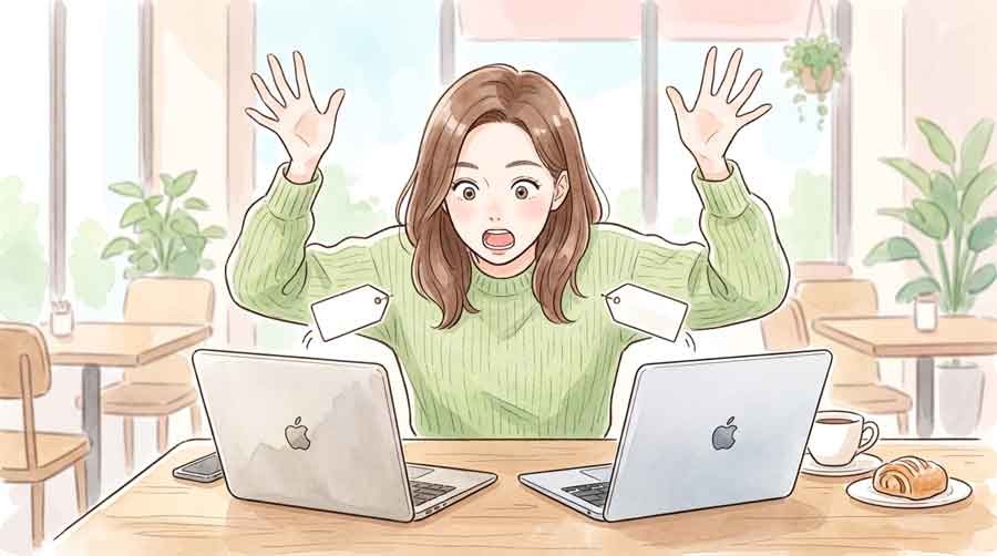 MacBook値上げ前後の価格を比較して驚く女性のイラスト
