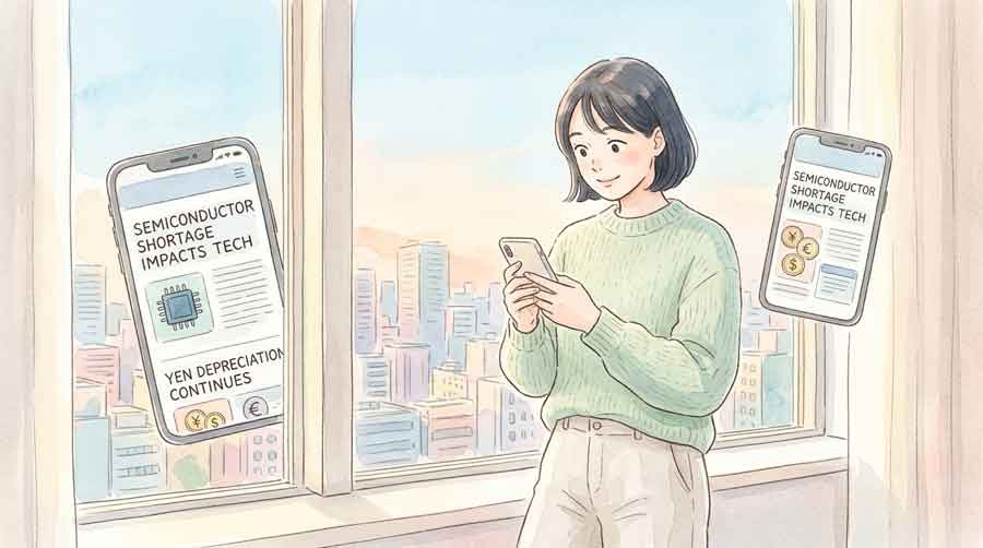 半導体不足と円安のニュースを見る女性のイラスト
