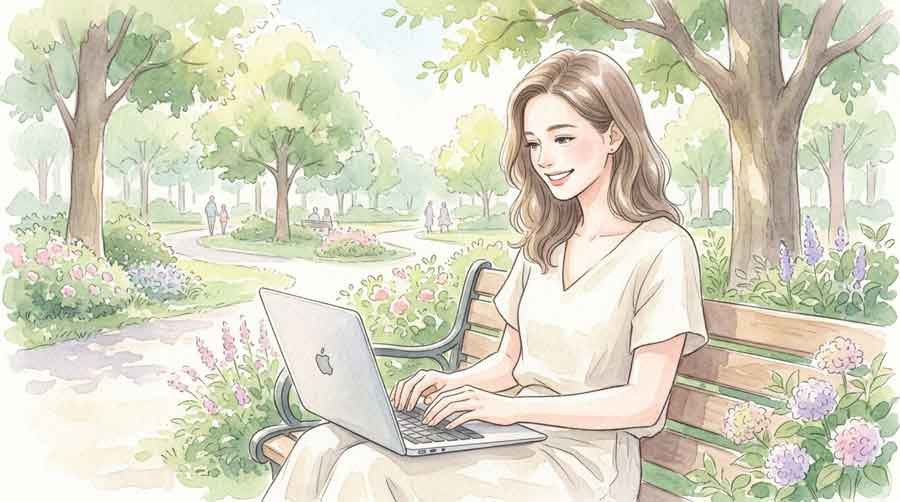 古いMacBook Airを快適に使い続ける女性のイラスト