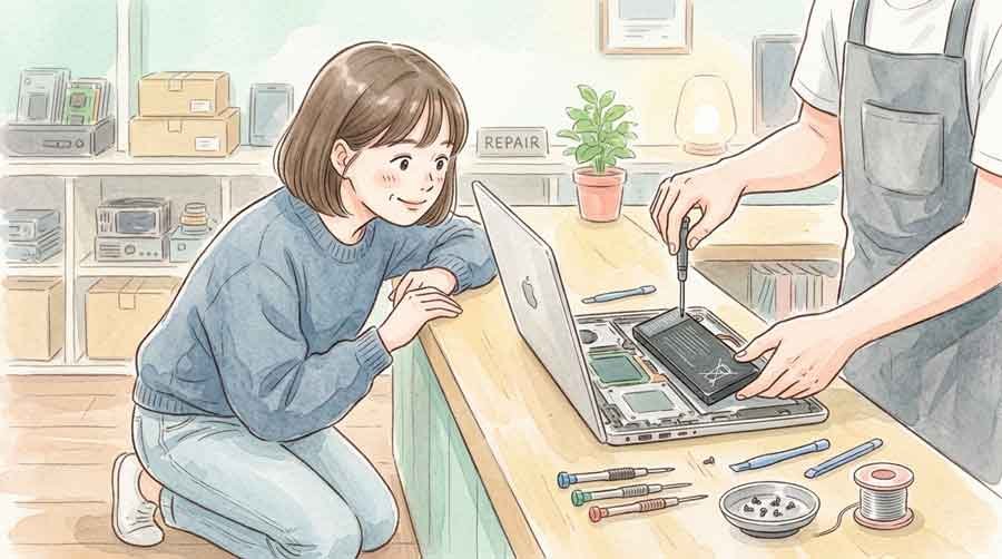 バッテリー交換で愛用のMacBookを長く使う女性のイラスト
